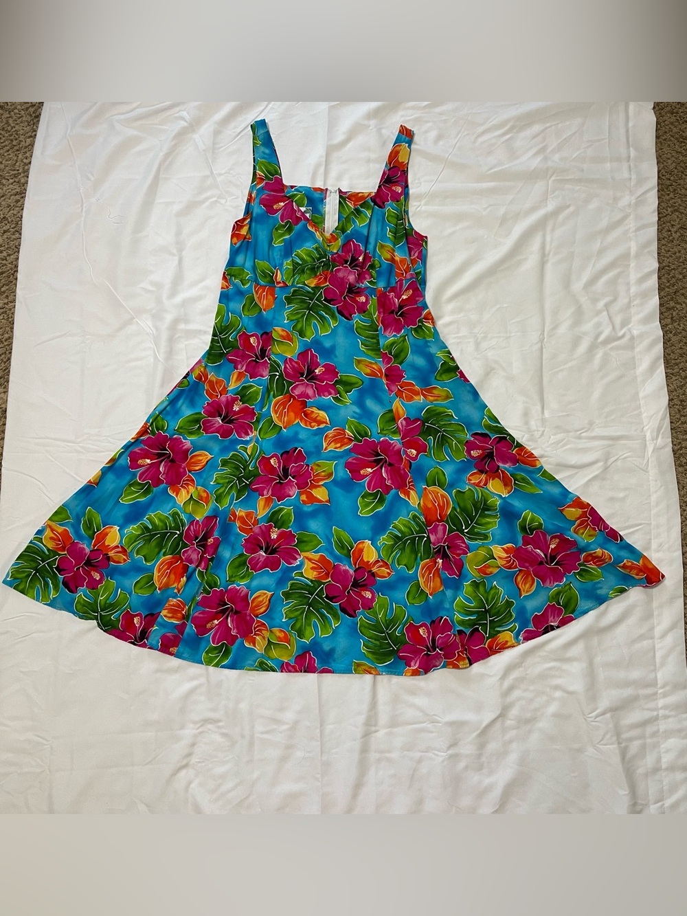 Two Palms Hawaiian Dress XL Hibiscus Watercolor Blue Floral Princess Flare FLAW